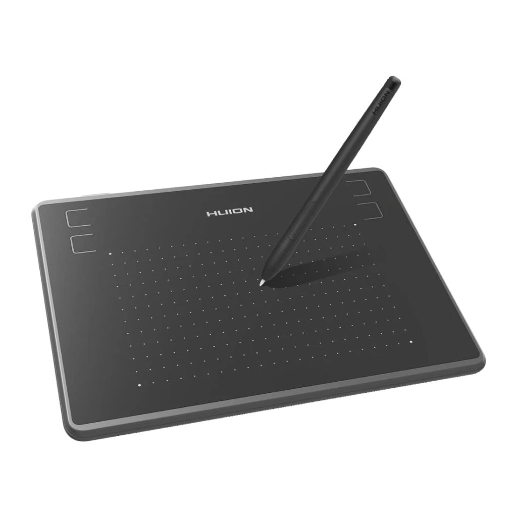Tableta Gráfica Huion H430P Negro 4096 Niveles de Presión Sin batería, vista frontal: tableta en ángulo con lápiz apoyado