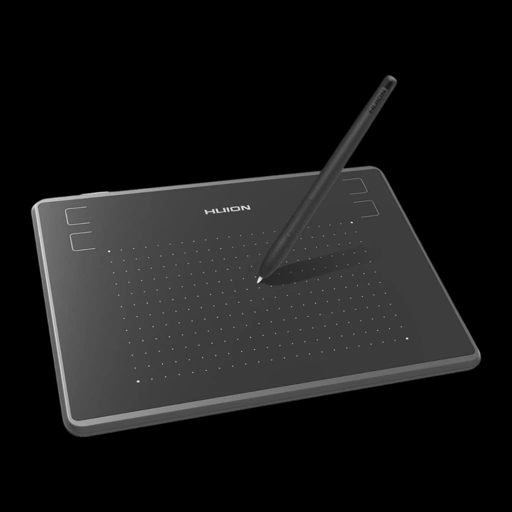 Tableta Gráfica Huion H430P Negro 4096 Niveles de Presión Sin batería, vista frontal: tableta en ángulo con lápiz apoyado
