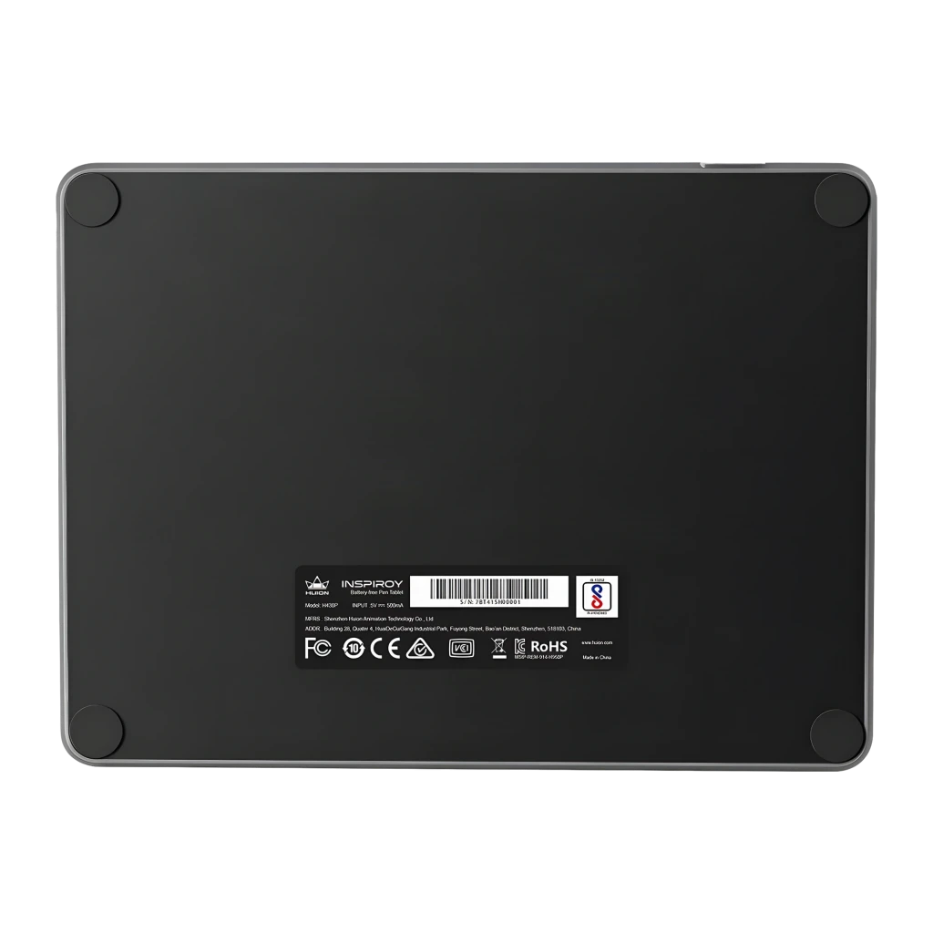 Tableta Gráfica Huion H430P Negro 4096 Niveles de Presión Sin batería, vista trasera: base negra con etiqueta