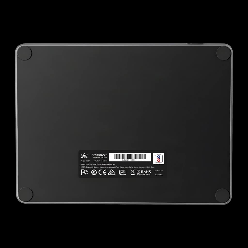 Tableta Gráfica Huion H430P Negro 4096 Niveles de Presión Sin batería, vista trasera: base negra con etiqueta