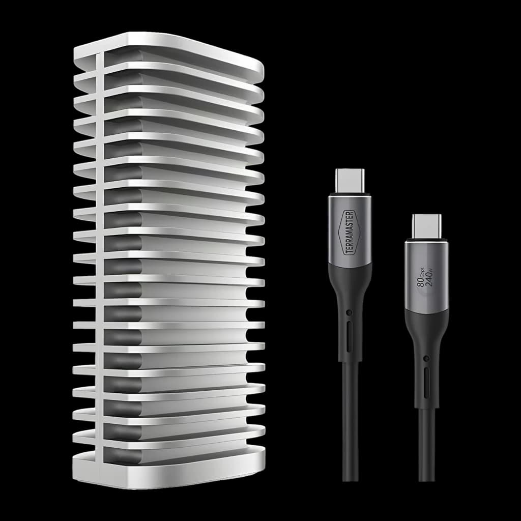 Boîtier externe TerraMaster D1 SSD Plus M.2 NVMe USB4 8 To max 40Gb/s Gris, détail: châssis aluminium avec fentes