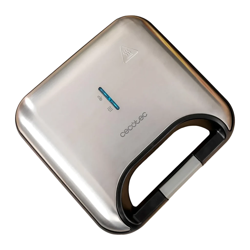 Sandwichera Cecotec Rock'nToast Classic+ 800W 2 bocadillos Acero inoxidable/Negro, detalle: tapa superior con indicador LED