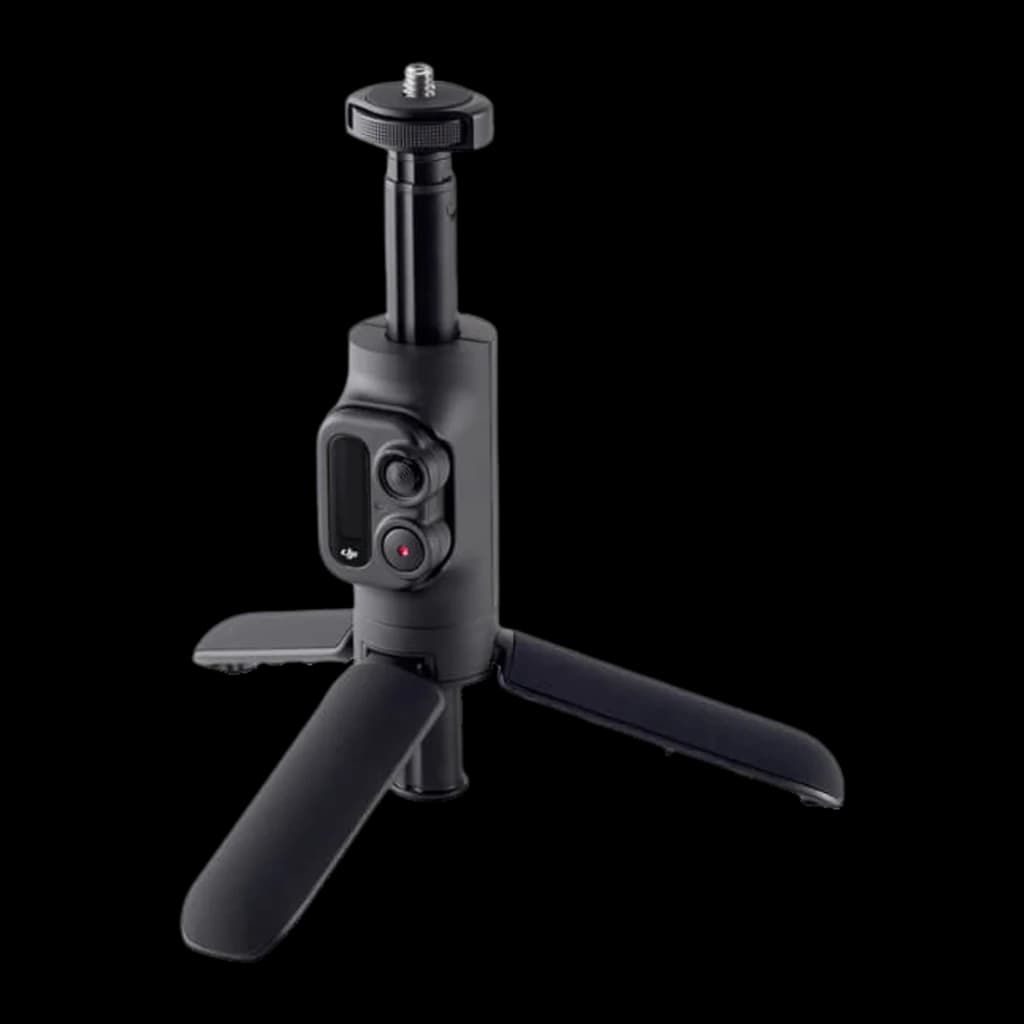 Pértiga Extensível DJI com Comando à Distância Action 2 Preto, detalhe: tripé aberto, haste estendida com rosca e comando