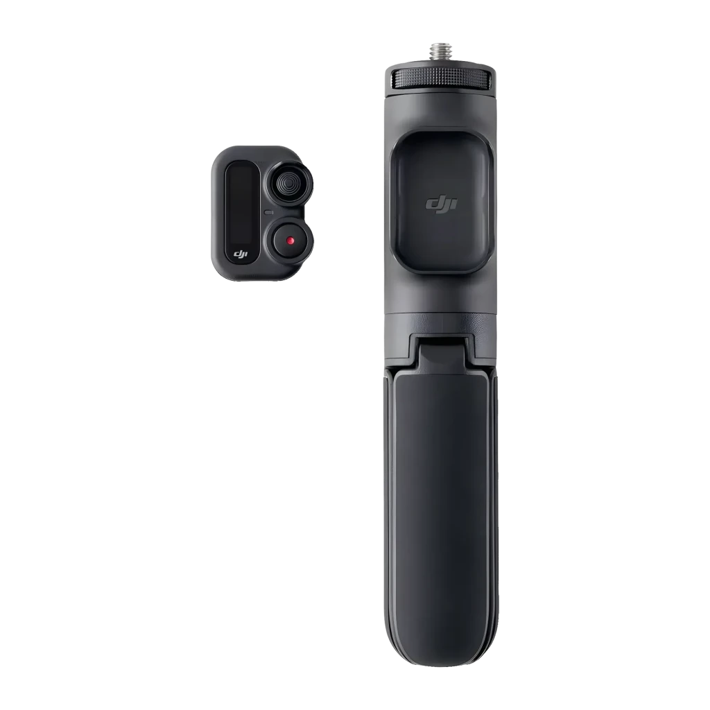 Pértiga Extensível DJI com Comando à Distância Action 2 Preto, detalhe: pértiga dobrada e comando separado sobre fundo preto