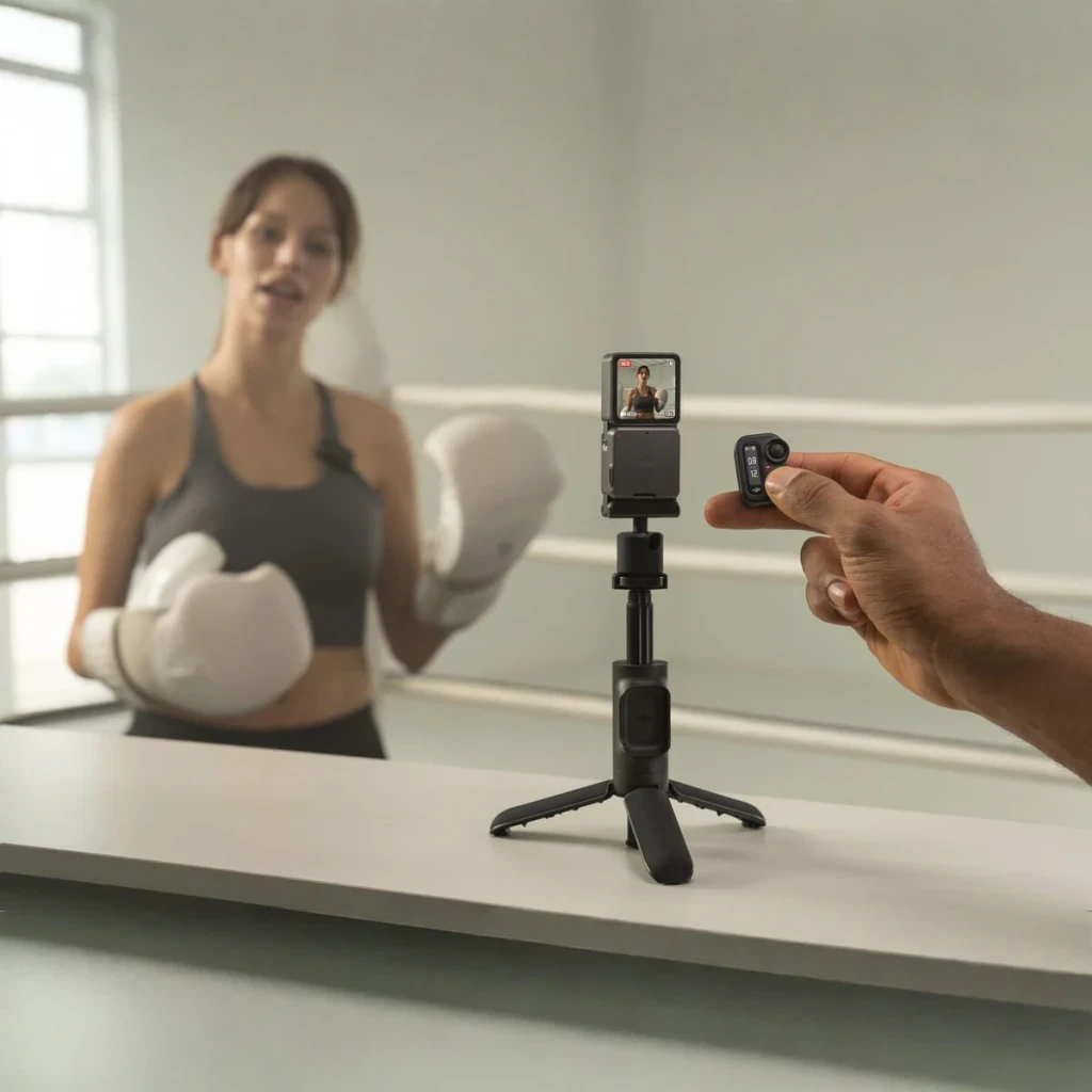 Pértiga Extensível DJI com Comando à Distância Action 2 Preto, em uso: tripé em mesa filma boxeadora, comando na mão