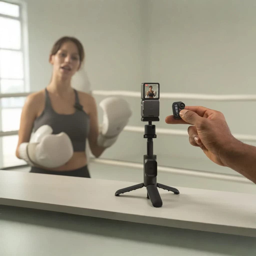 Pértiga Extensível DJI com Comando à Distância Action 2 Preto, em uso: tripé em mesa filma boxeadora, comando na mão