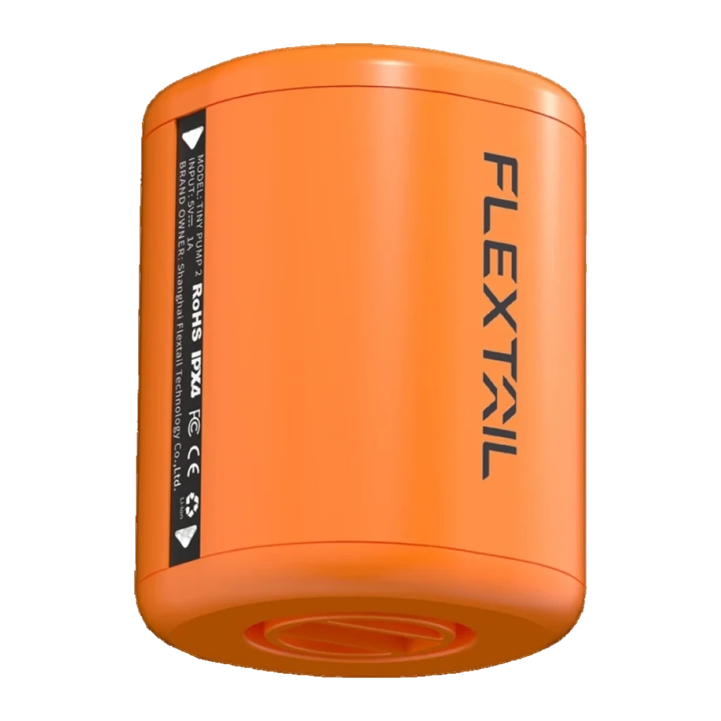 Gonfleur électrique Flextail Tiny Pump 2 Orange USB-C IP44, vue de face: corps cylindrique orange avec logo Flextail