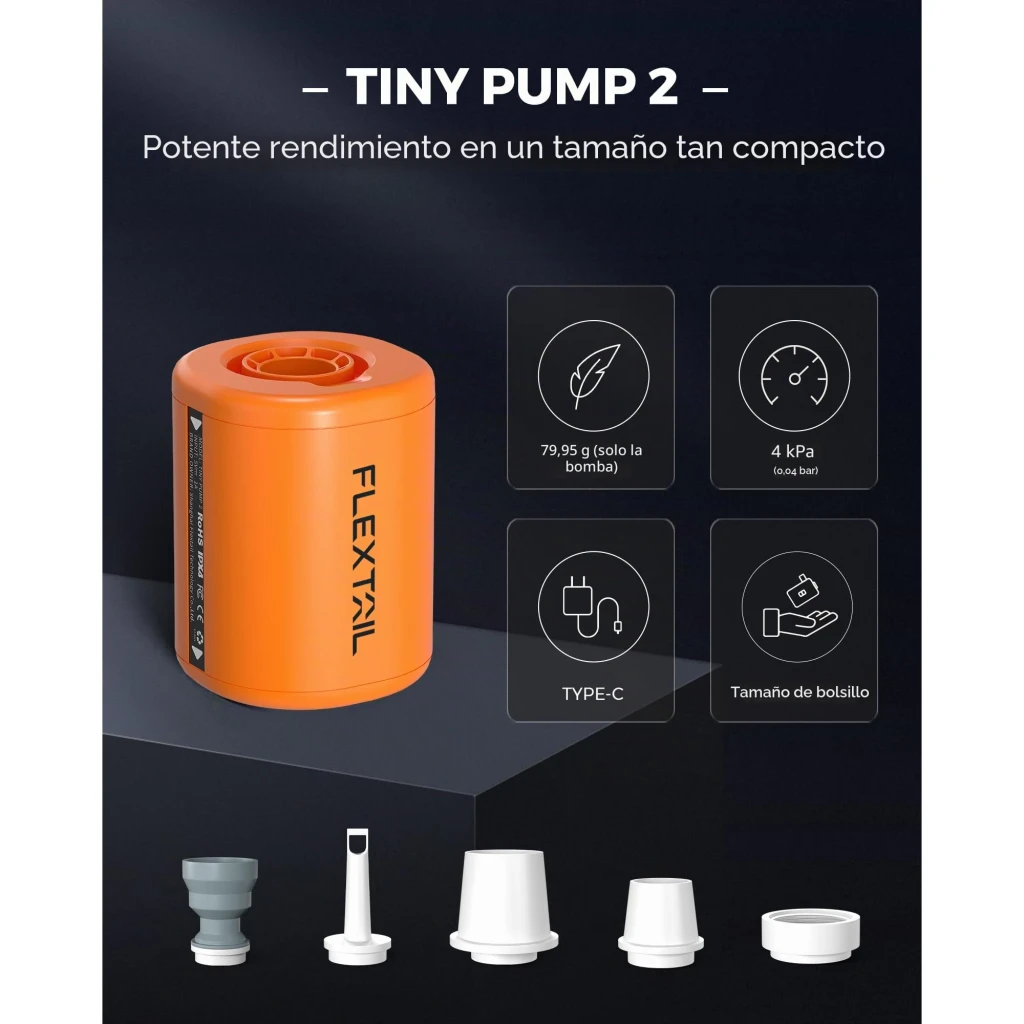 Gonfleur électrique Flextail Tiny Pump 2 Orange USB-C IP44, infographie: corps cylindrique orange, 4 icônes de specs et 5