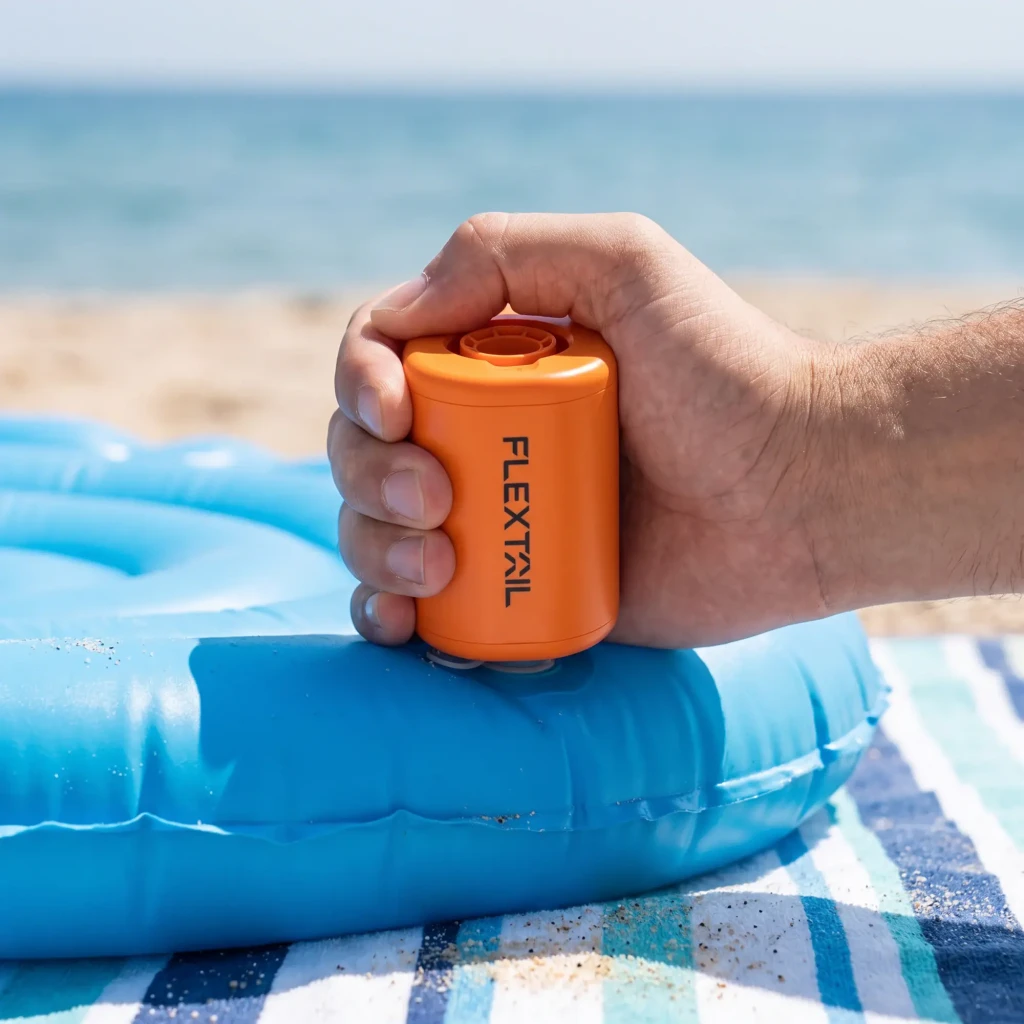 Gonfleur électrique Flextail Tiny Pump 2 Orange USB-C IP44, en utilisation: main le tenant sur bouée bleue à la plage