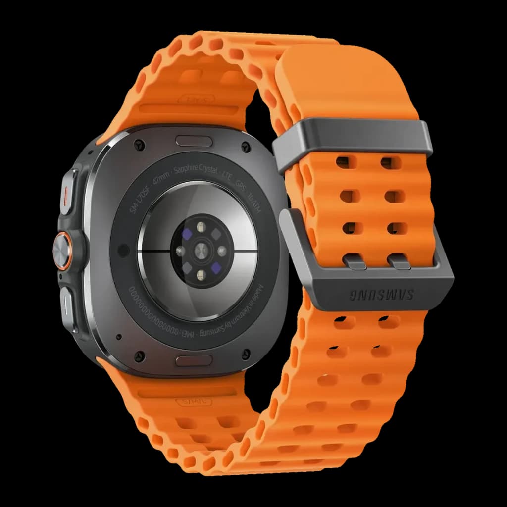 Samsung Galaxy Watch Ultra 47 mm 32 Go GPS + réseau cellulaire Titane Gris/Orange Tension artérielle, vue arrière: capteur