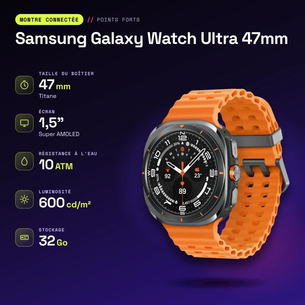 Samsung Galaxy Watch Ultra 47 mm 32 Go GPS + réseau cellulaire Titane Gris/Orange Tension artérielle - caractéristiques
