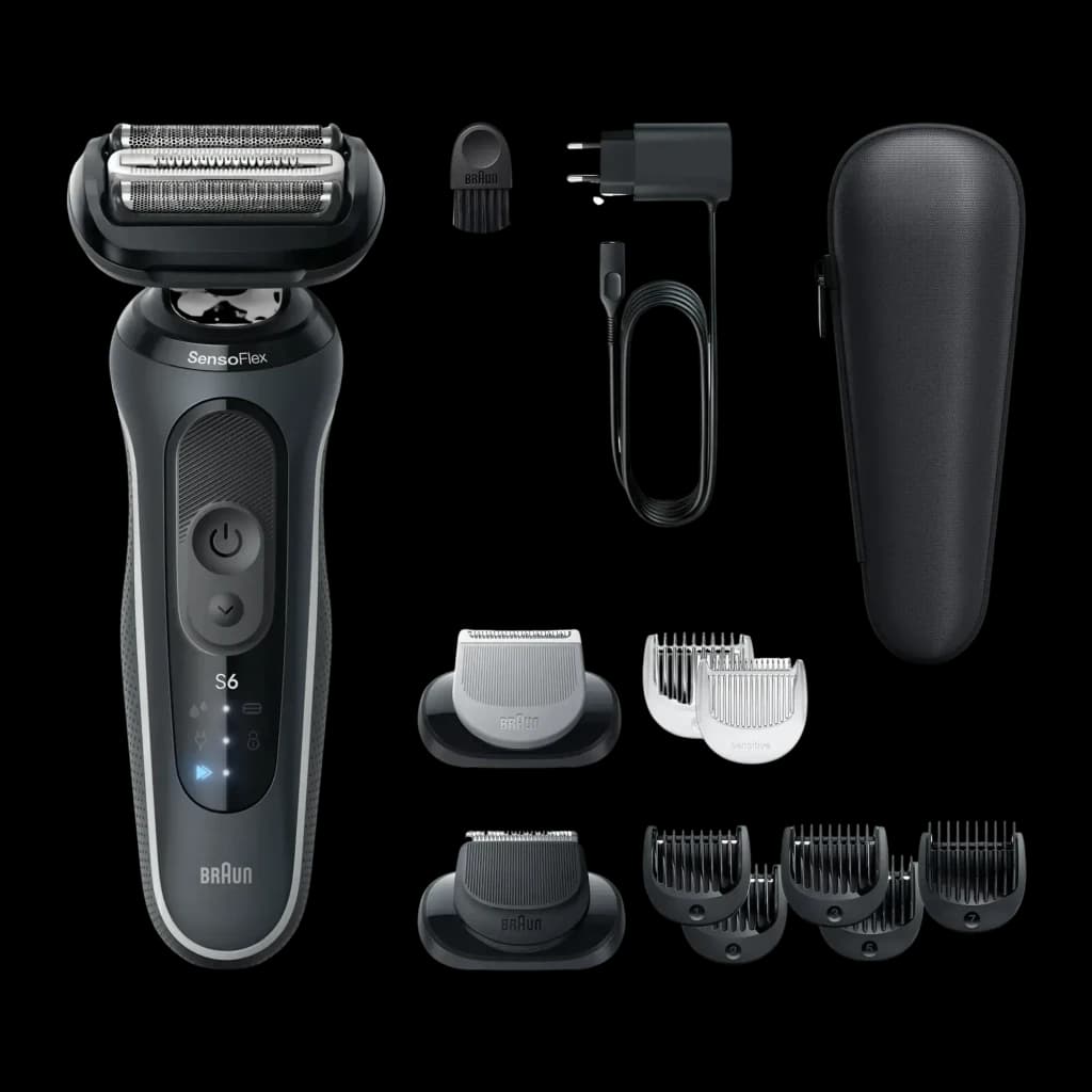 Rasoir Braun Series 6 Sec et Humide Sans Fil Noir 62-G1650s, vue de face: rasoir SensoFlex, chargeur, étui, brosse