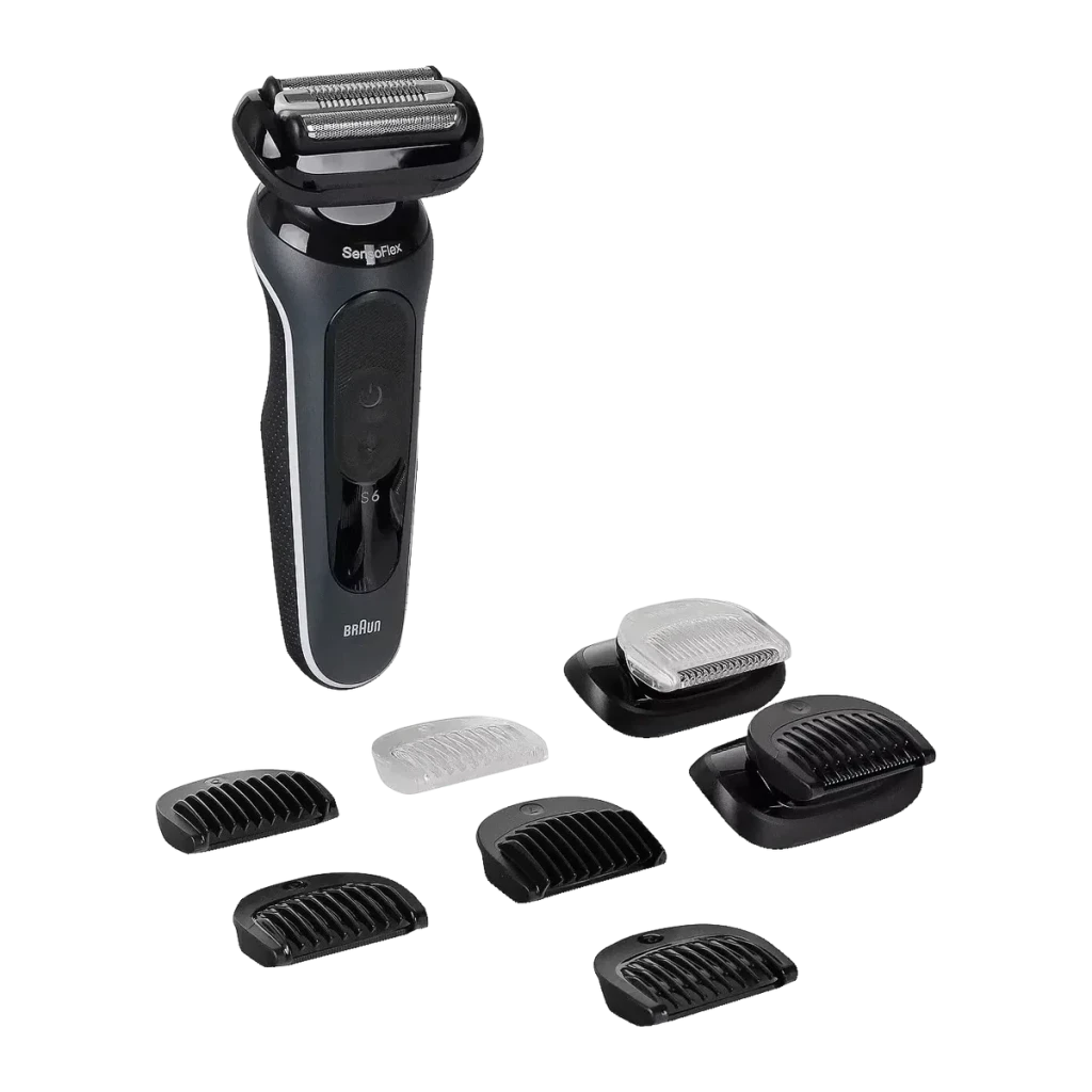 Rasoir Braun Series 6 Sec et Humide Sans Fil Noir 62-G1650s, détail: rasoir avec tête SensoFlex et 7 accessoires de coupe