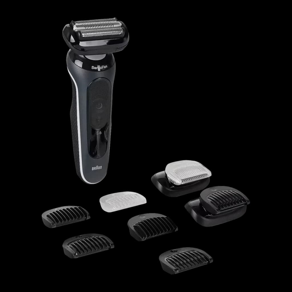 Rasoir Braun Series 6 Sec et Humide Sans Fil Noir 62-G1650s, détail: rasoir avec tête SensoFlex et 7 accessoires de coupe