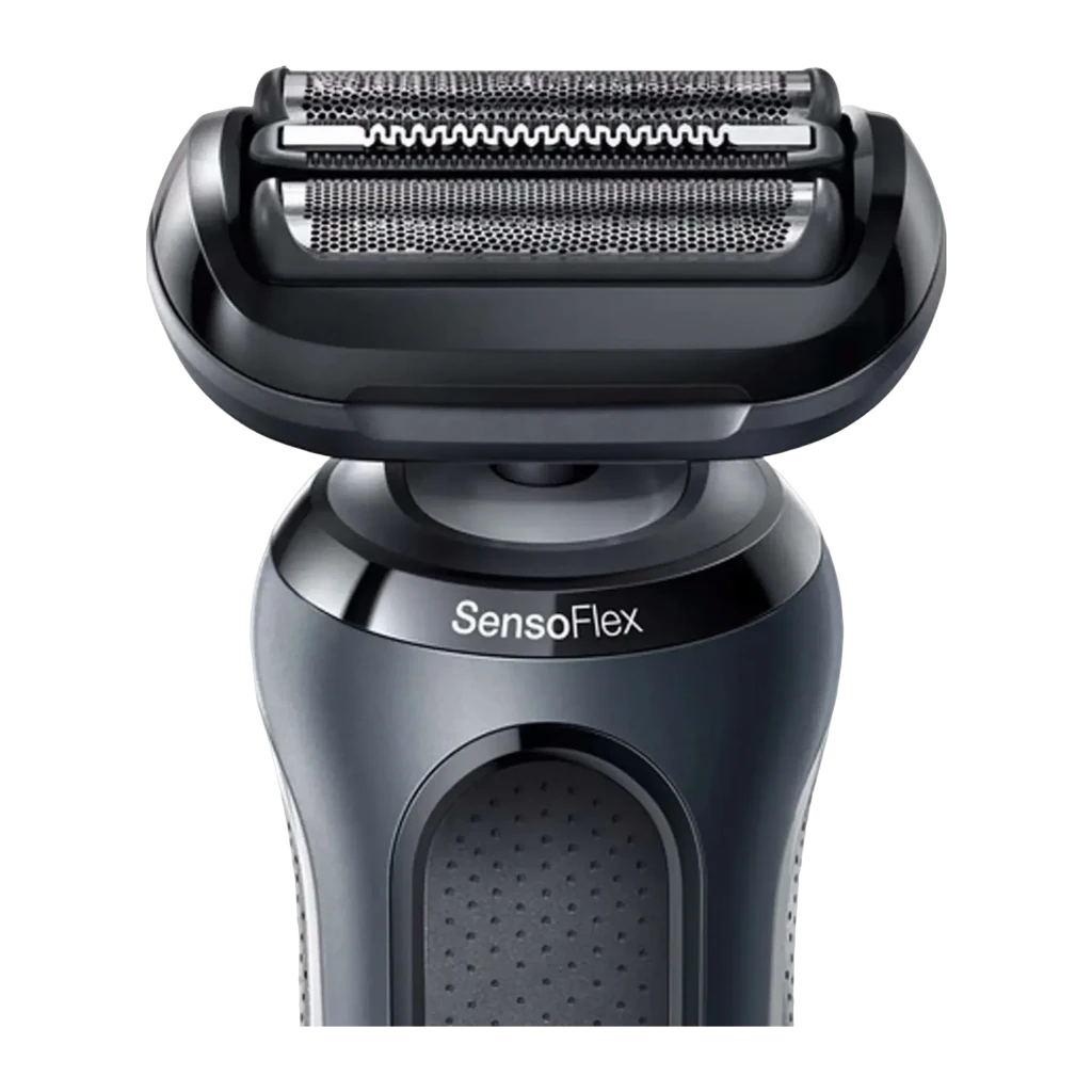 Rasoir Braun Series 6 Sec et Humide Sans Fil Noir 62-G1650s, détail: tête SensoFlex avec grilles et lames en gros plan