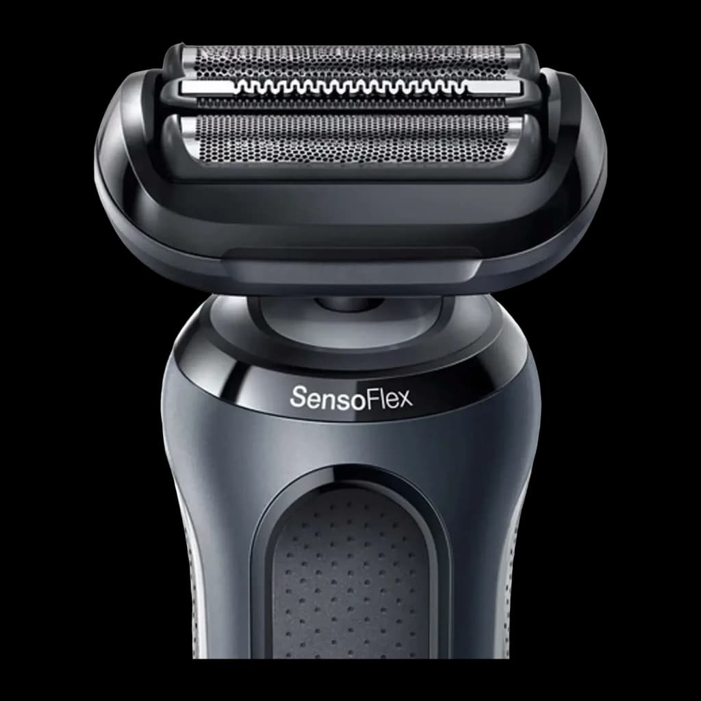 Rasoir Braun Series 6 Sec et Humide Sans Fil Noir 62-G1650s, détail: tête SensoFlex avec grilles et lames en gros plan