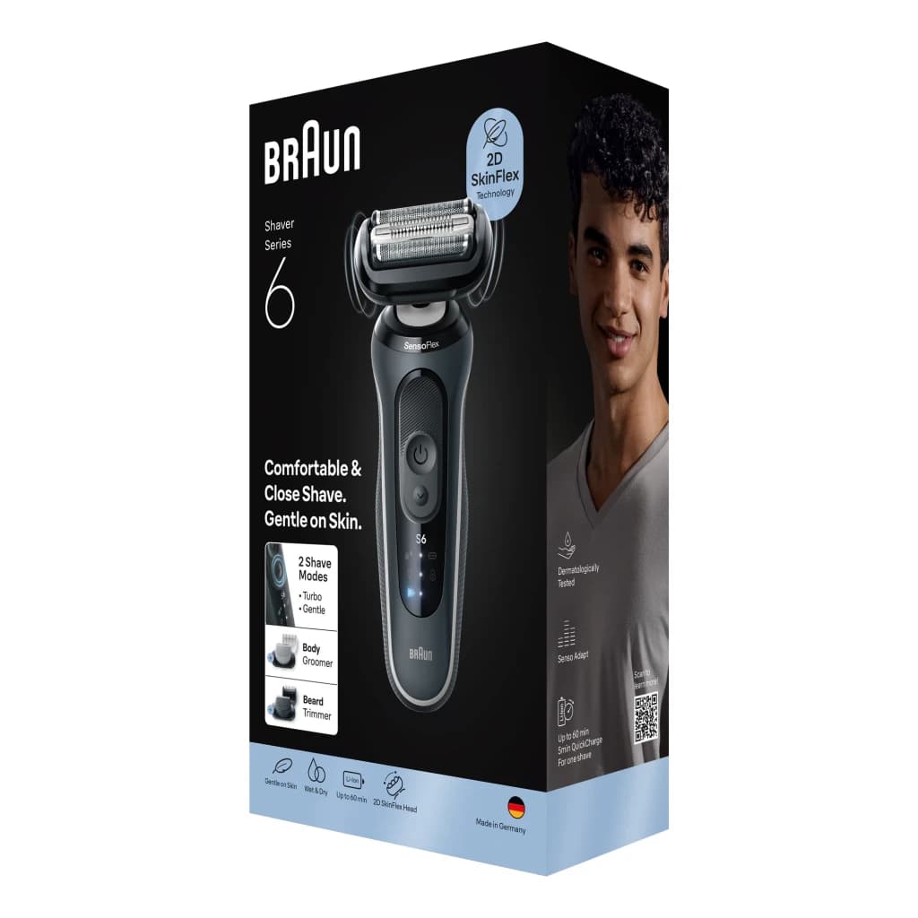 Rasoir Braun Series 6 Sec et Humide Sans Fil Noir 62-G1650s, contenu de la boîte: emballage avec rasoir, body groomer