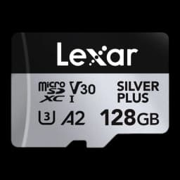 Carte microSDXC Lexar Silver Plus 128Go V30 U3 A2 205 Mo/s lecture, vue de face: face argentée avec logo Lexar, icônes V30