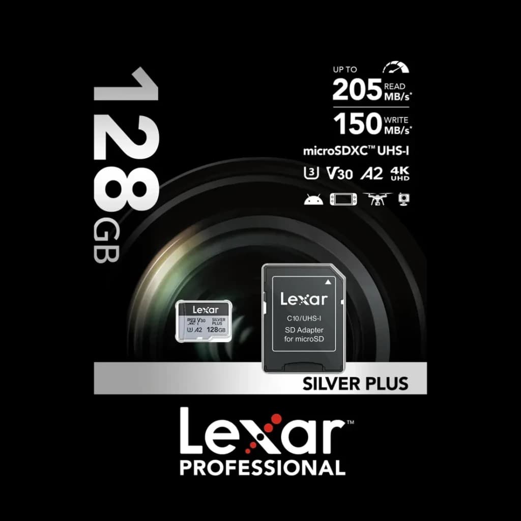 Carte microSDXC Lexar Silver Plus 128Go V30 U3 A2 205 Mo/s lecture, contenu boîte: carte microSD et adaptateur SD inclus