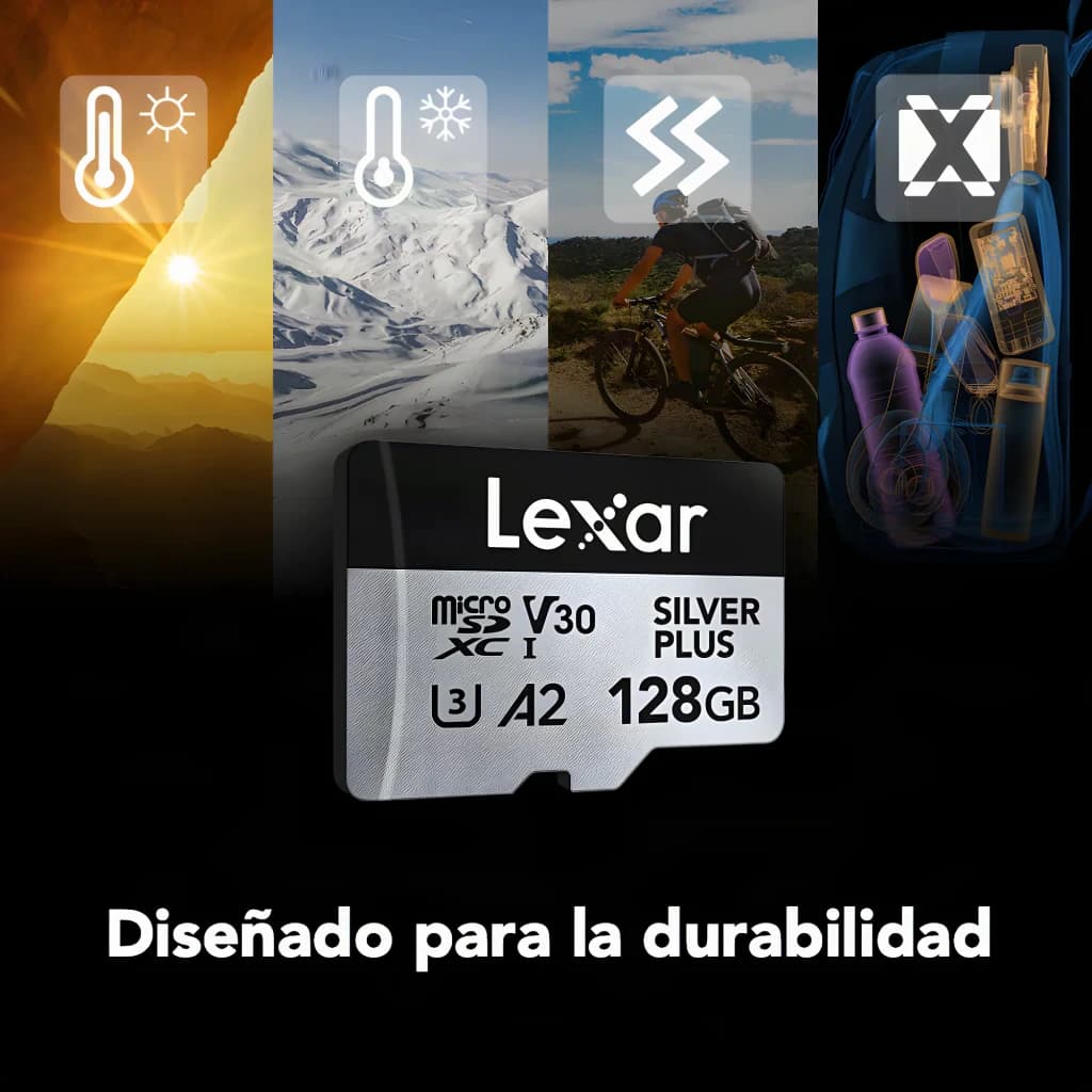 Carte microSDXC Lexar Silver Plus 128Go V30 U3 A2 205 Mo/s lecture, durabilité: icônes chaleur, froid, chocs et rayons X