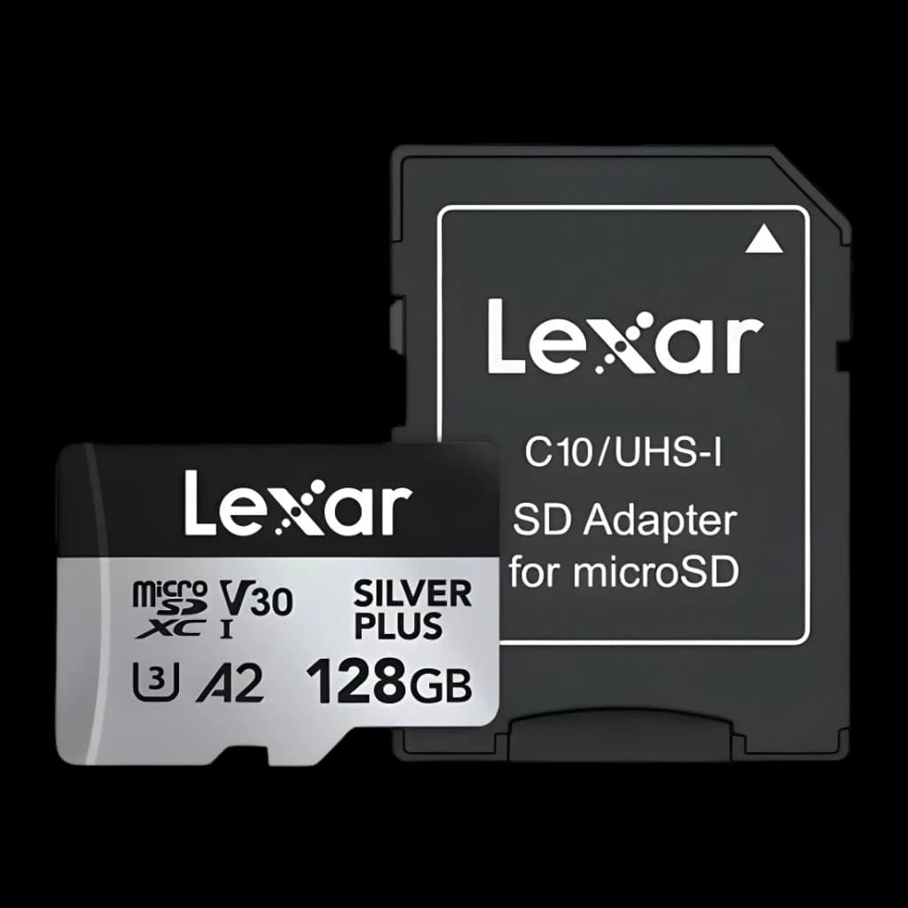Carte microSDXC Lexar Silver Plus 128Go V30 U3 A2 205 Mo/s lecture, détail: carte et adaptateur SD C10/UHS-I inclus