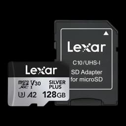 Carte microSDXC Lexar Silver Plus 128Go V30 U3 A2 205 Mo/s lecture, détail: carte et adaptateur SD C10/UHS-I inclus