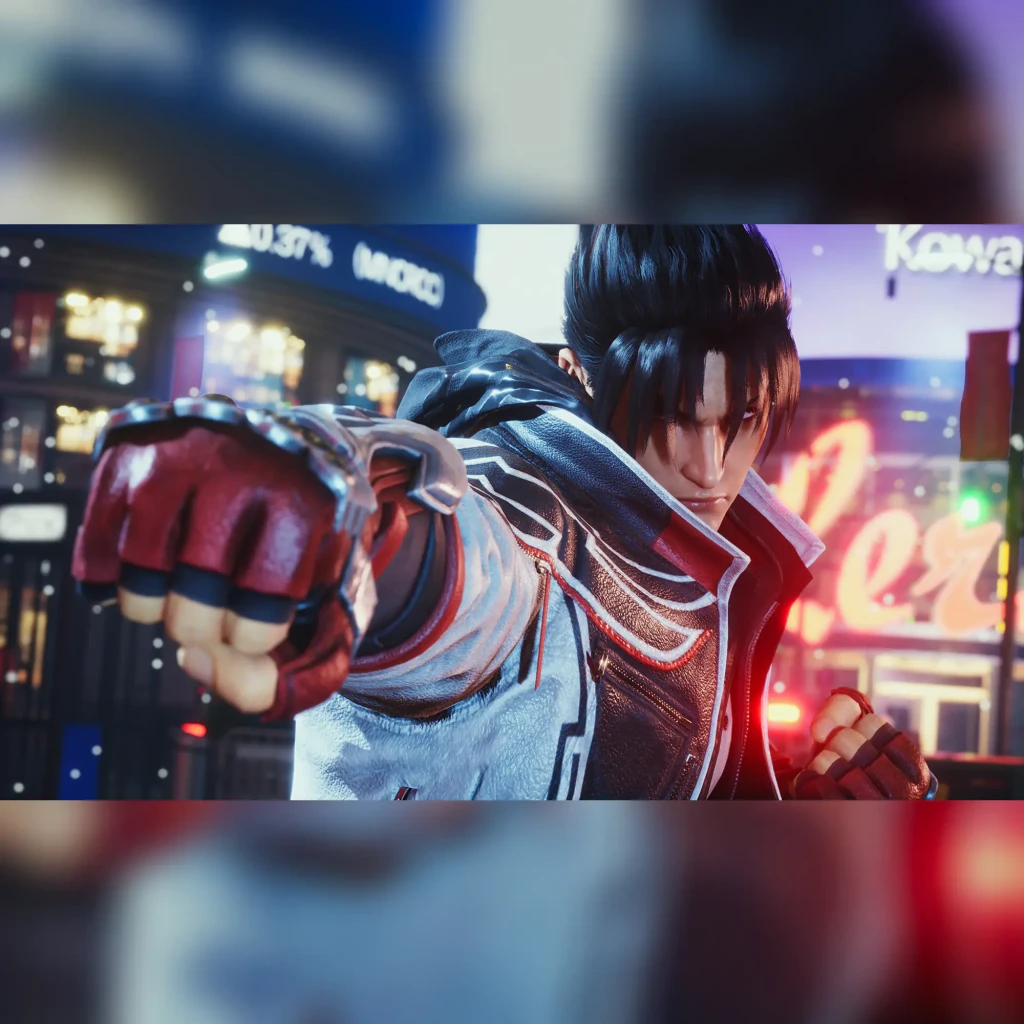 Videojuego Bandai Namco Tekken 8 Launch Edition Xbox Series X, en uso: Jin Kazama lanza un puñetazo en escena urbana nocturna