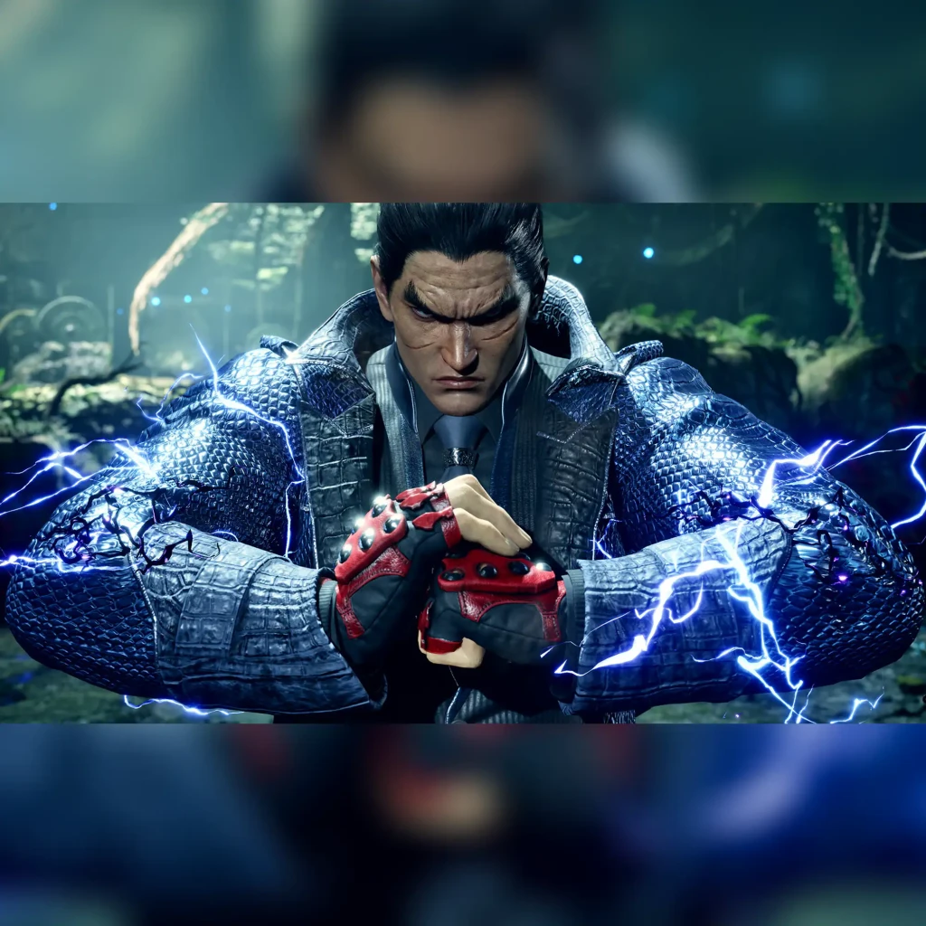 Videojuego Bandai Namco Tekken 8 Launch Edition Xbox Series X, en uso: Kazuya con rayos azules y guantes rojos en escena