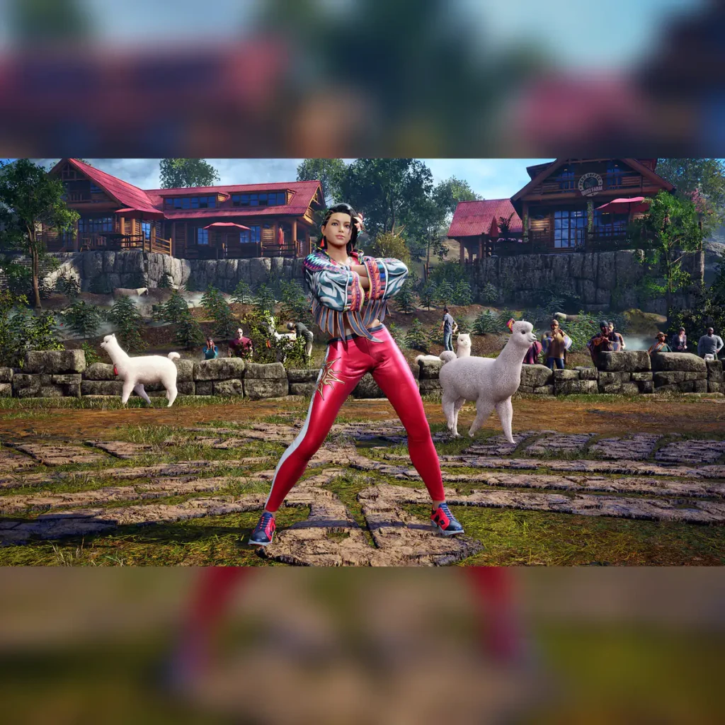 Videojuego Bandai Namco Tekken 8 Launch Edition Xbox Series X, en uso: luchadora en pose con alpacas y cabaña al fondo
