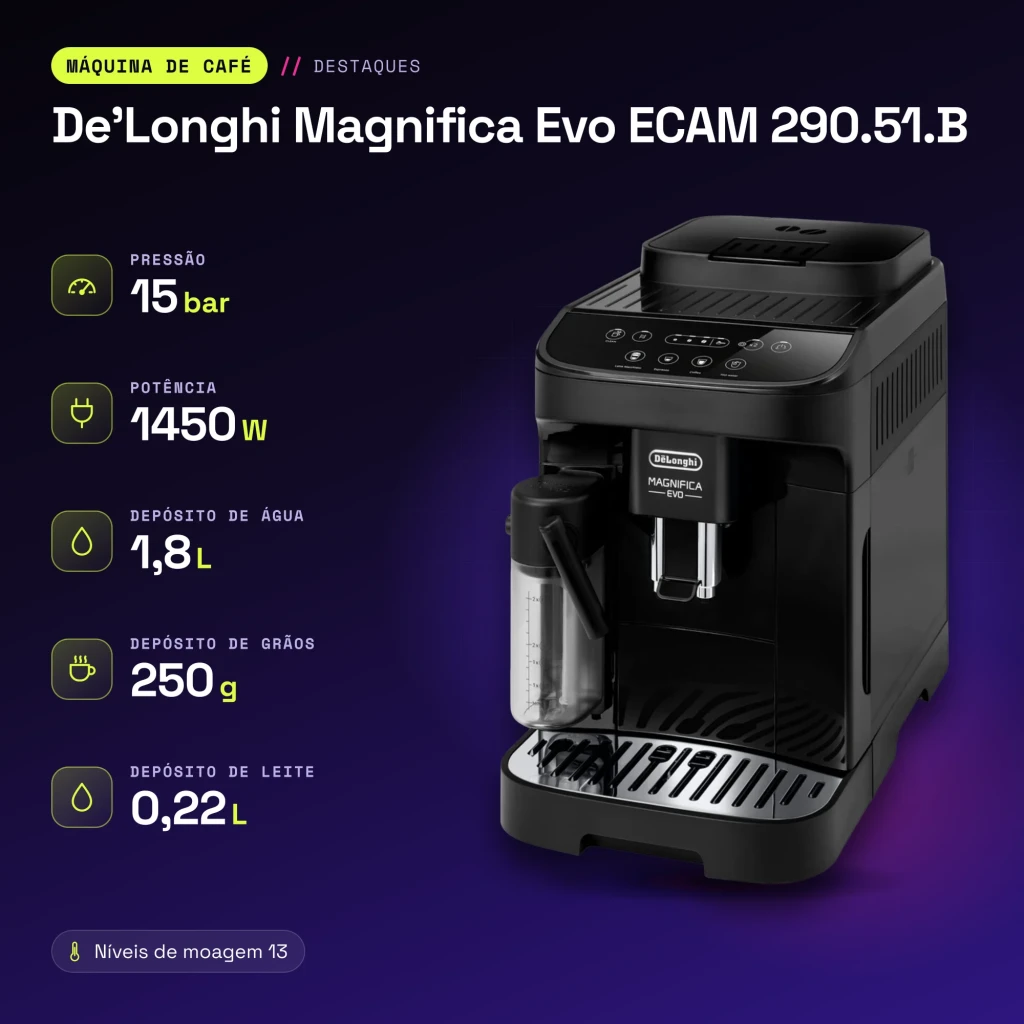 Máquina de Café Superautomática De'Longhi Magnifica Evo 1,8L Moinho Integrado LatteCrema Preto ECAM 290.51.B - características