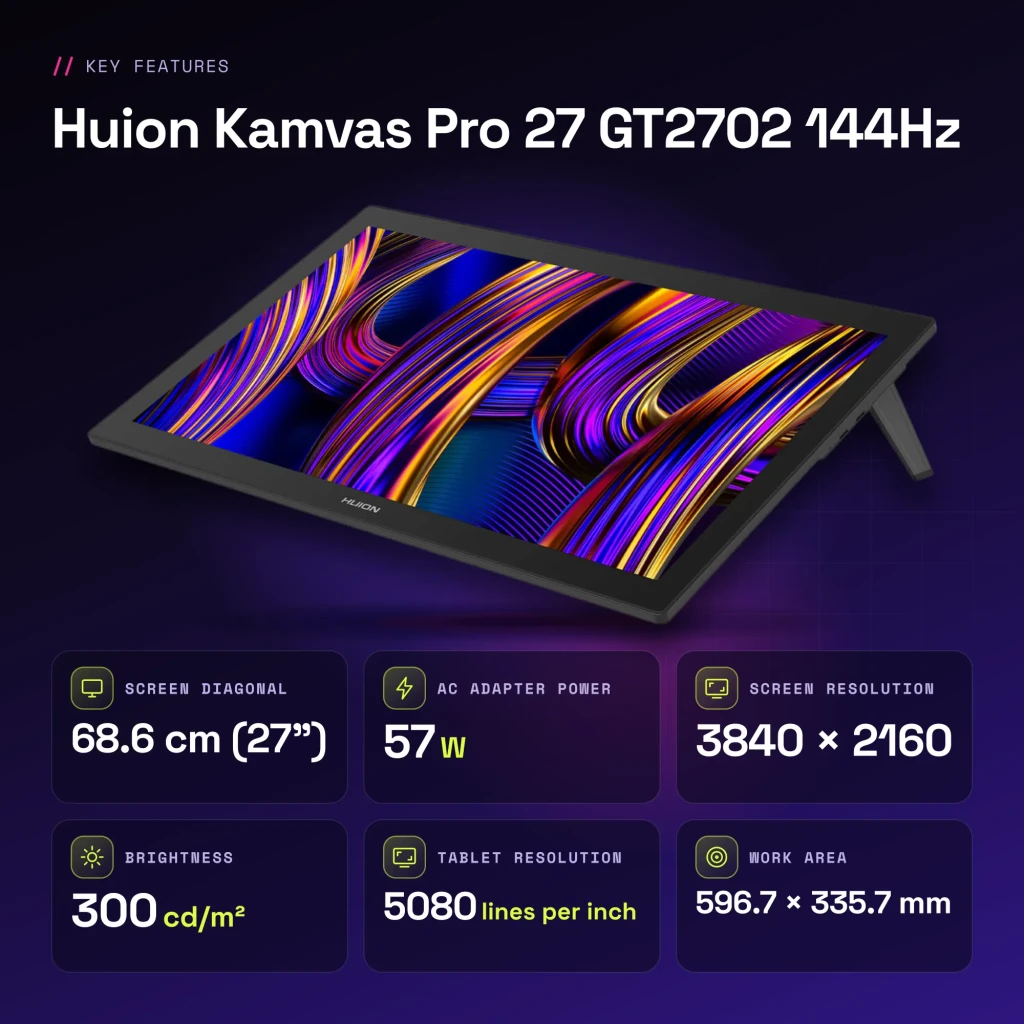 Tableta gráfica Huion Kamvas Pro 27 144Hz Negro con Pantalla 27 pulgadas 4K UHD IPS GT2702 - características