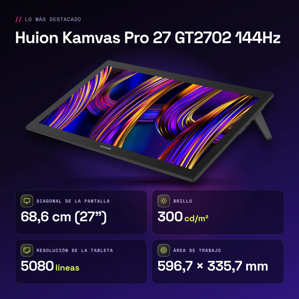 Tableta gráfica Huion Kamvas Pro 27 144Hz Negro con Pantalla 27 pulgadas 4K UHD IPS GT2702 - características