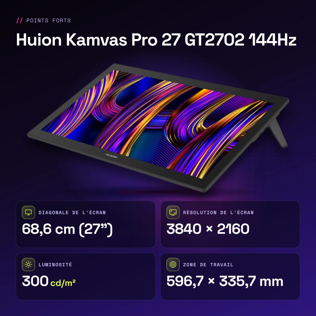 Tableta gráfica Huion Kamvas Pro 27 144Hz Negro con Pantalla 27 pulgadas 4K UHD IPS GT2702 - características