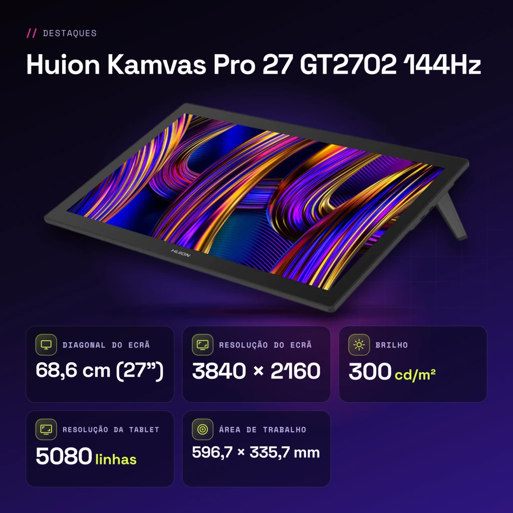 Tableta gráfica Huion Kamvas Pro 27 144Hz Negro con Pantalla 27 pulgadas 4K UHD IPS GT2702 - características
