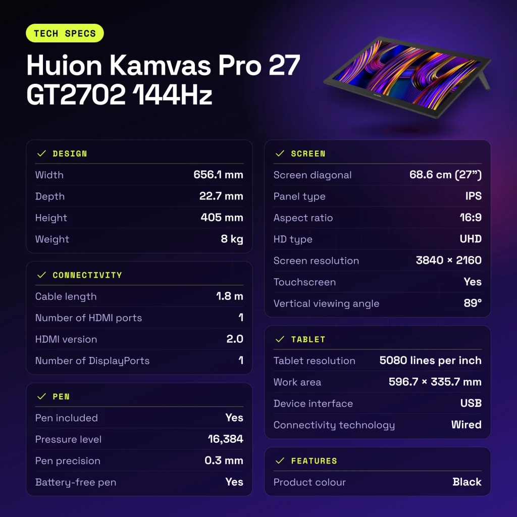 Tableta gráfica Huion Kamvas Pro 27 144Hz Negro con Pantalla 27 pulgadas 4K UHD IPS GT2702 - características
