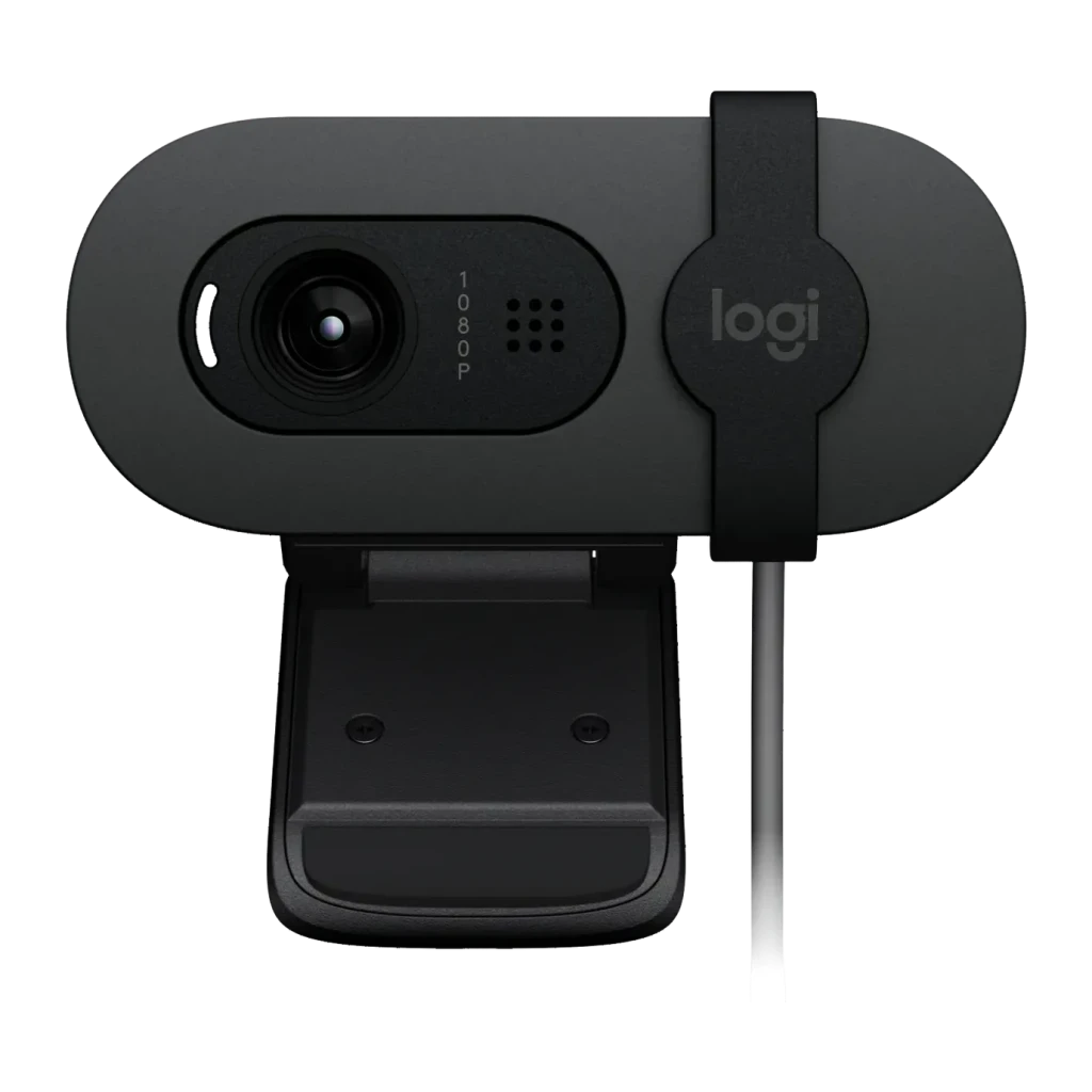 Webcam Logitech Brio 100 Full HD avec Microphone USB Graphite, détail avant: objectif, grille micro, logo logi et clip
