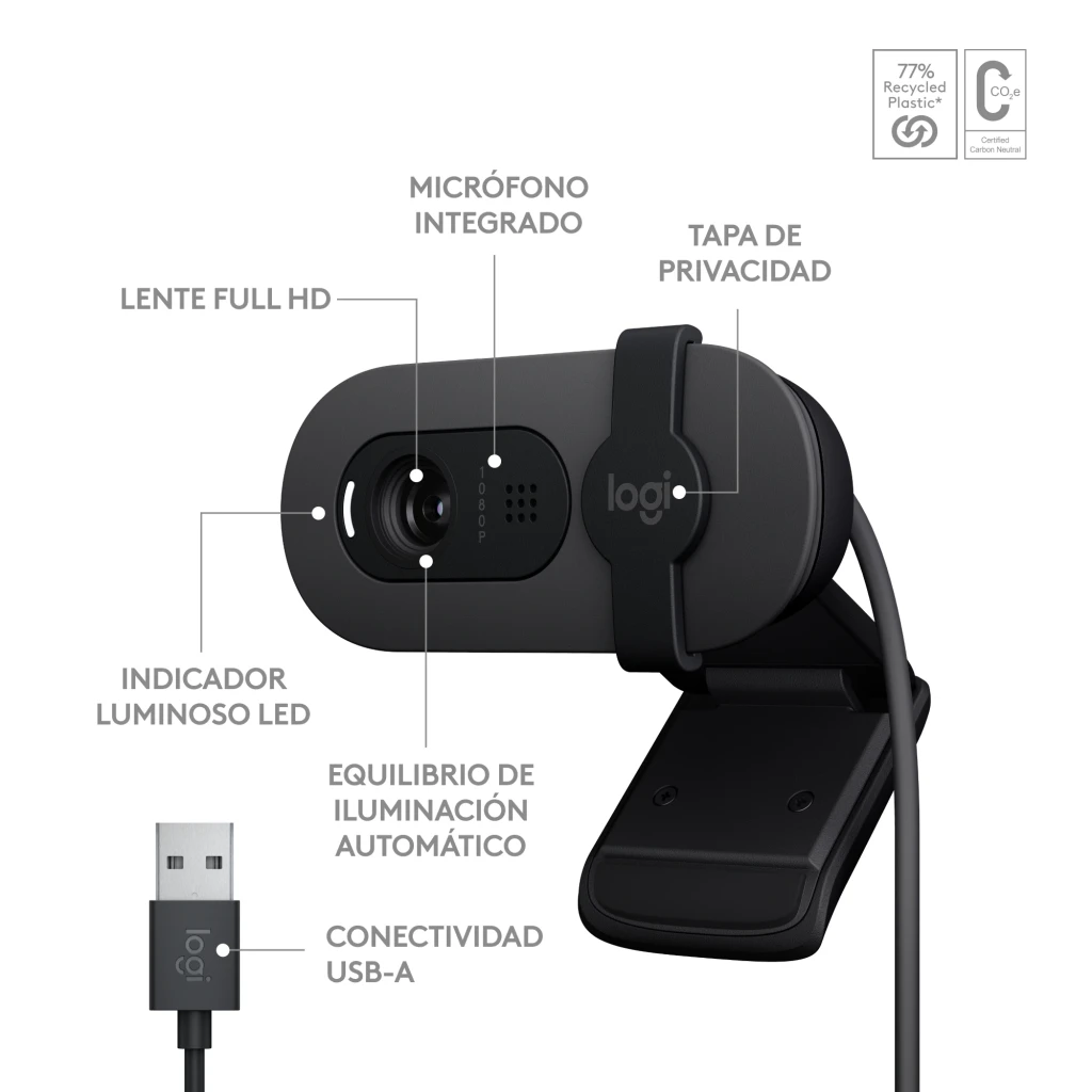 Webcam Logitech Brio 100 Full HD avec Microphone USB Graphite, vue avant avec étiquettes: objectif, micro, cache vie privée