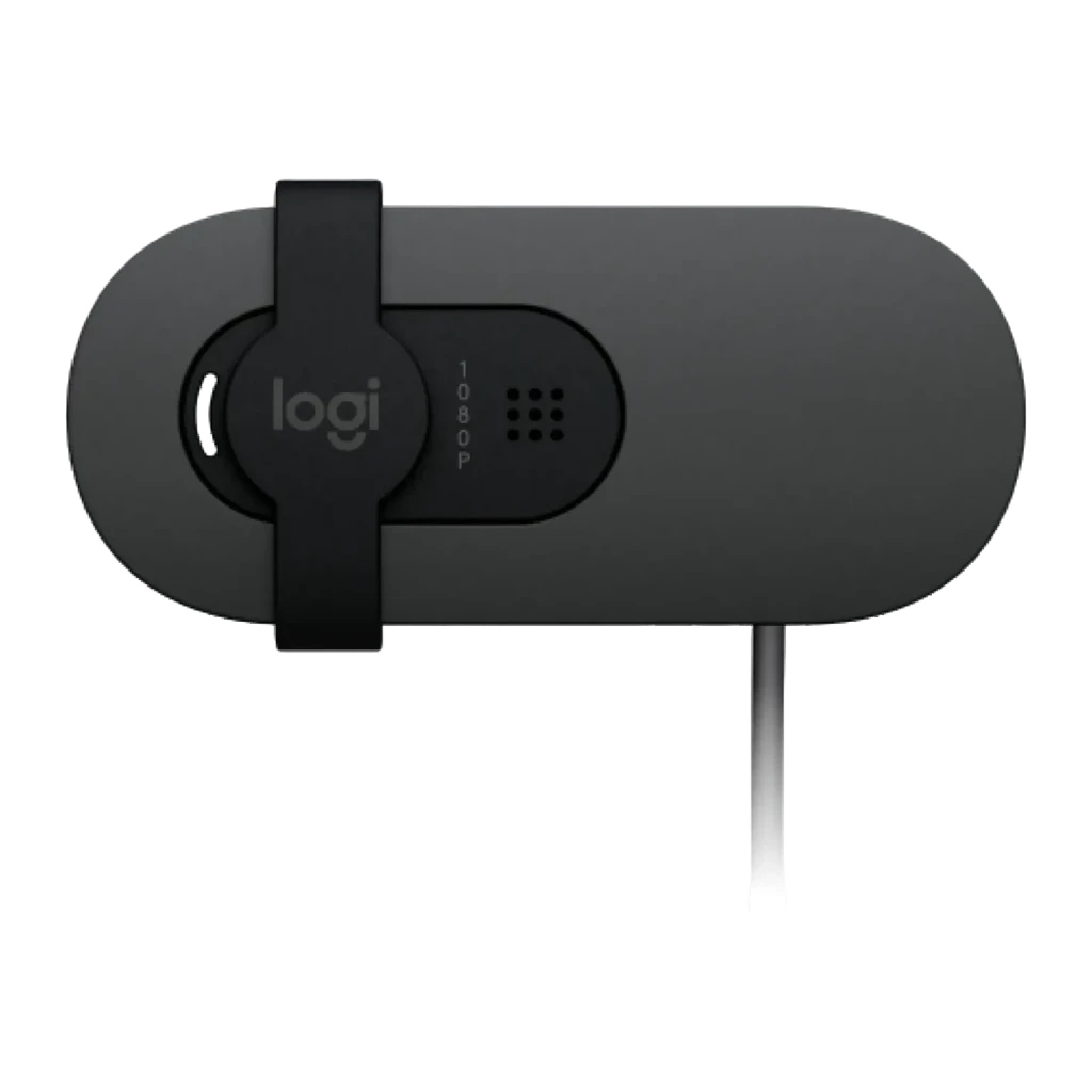 Webcam Logitech Brio 100 Full HD avec Microphone USB Graphite, détail avant: logo logi, mention 1080p et câble USB