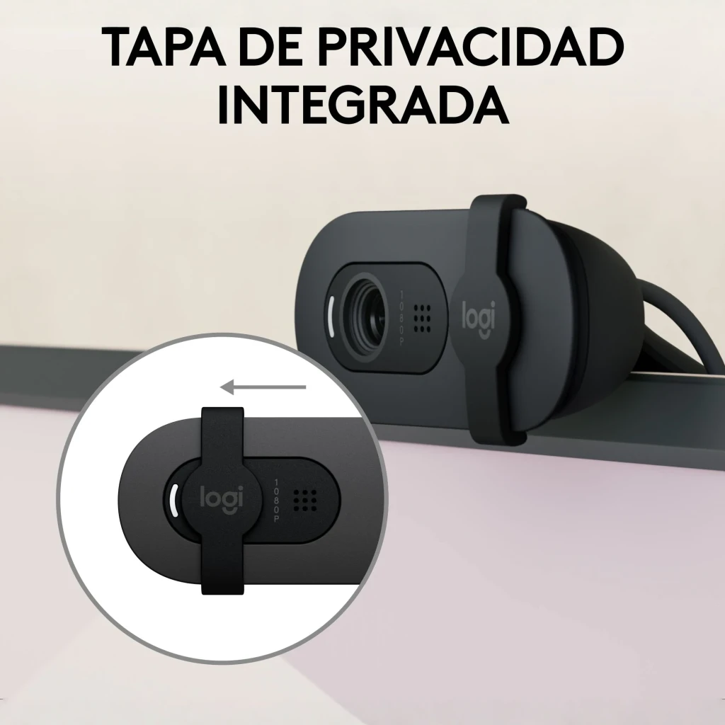 Webcam Logitech Brio 100 Full HD avec Microphone USB Graphite, en cours d'utilisation: cache-confidentialité intégré