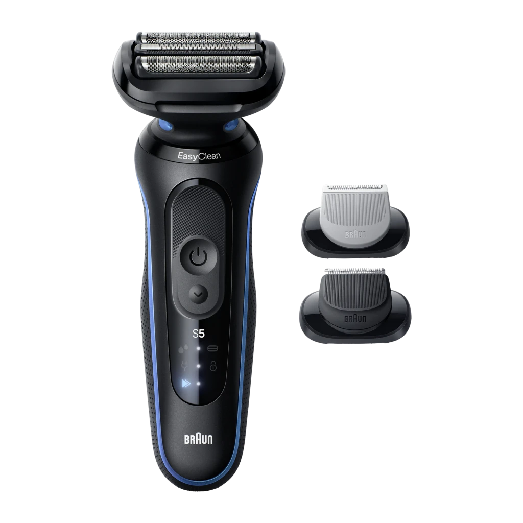 Rasoir Braun Series 5 Charge Rapide 5min Sec et Humide Noir/Bleu 52-B1650S, détail: vue avant avec logo EasyClean, bouton