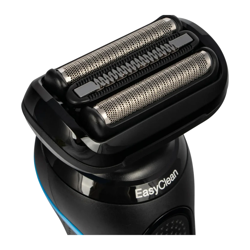 Rasoir Braun Series 5 Charge Rapide 5min Sec et Humide Noir/Bleu 52-B1650S, détail: tête avec grilles métalliques et logo