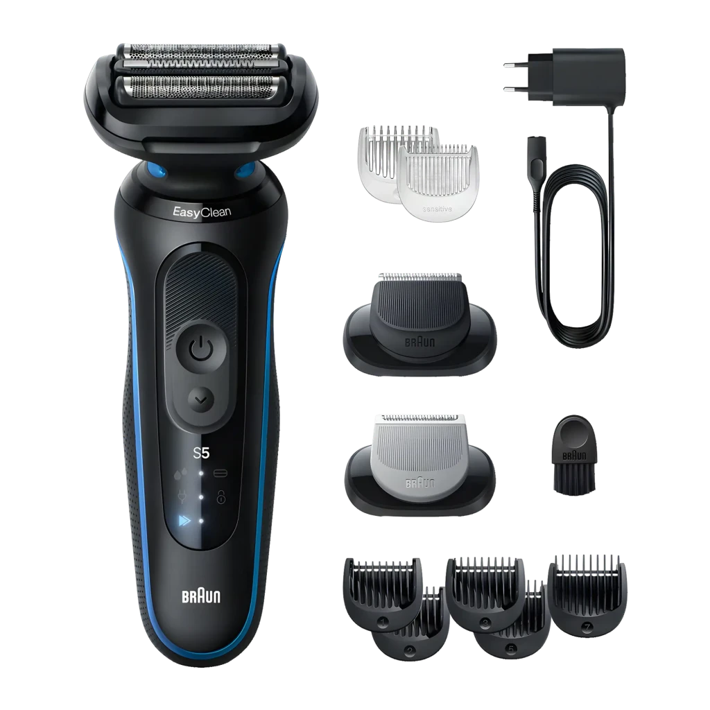 Rasoir Braun Series 5 Charge Rapide 5min Sec et Humide Noir/Bleu 52-B1650S, détail: rasoir avec accessoires inclus, chargeur