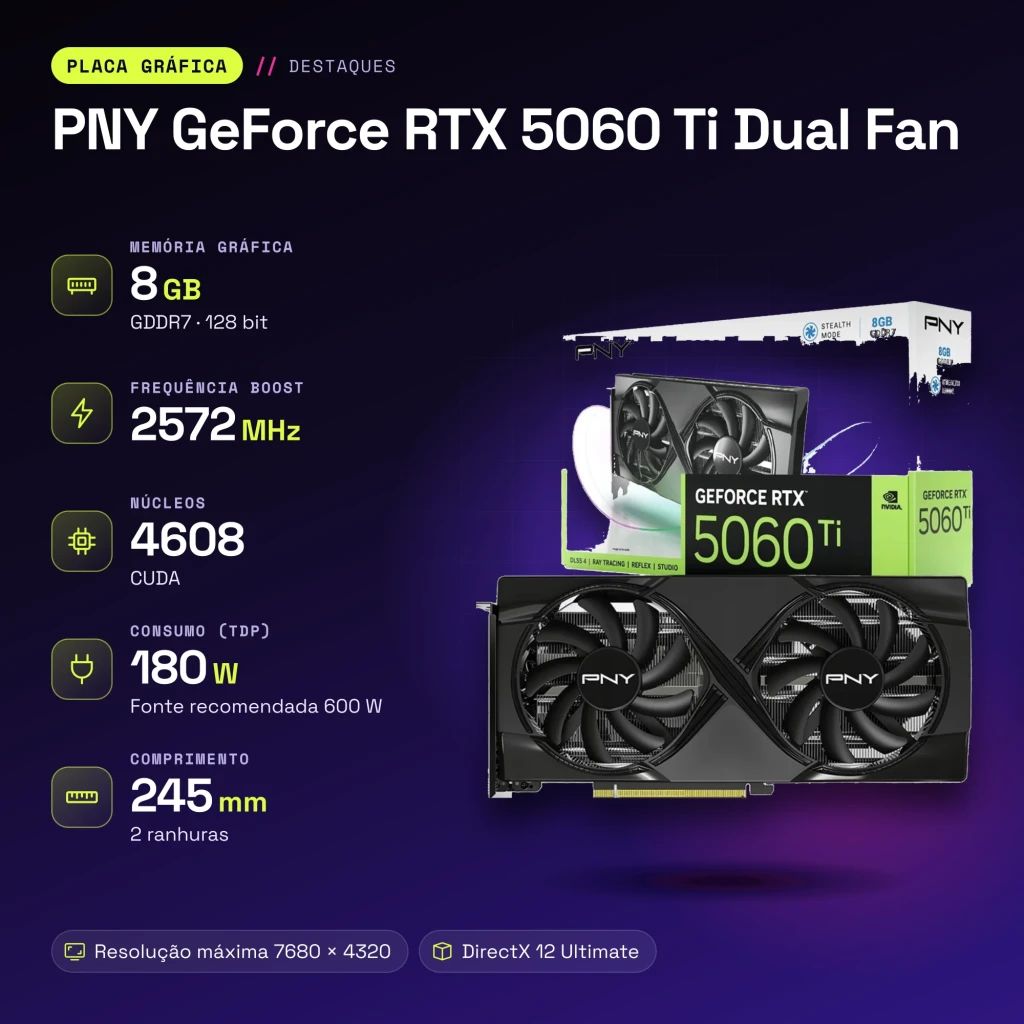 PNY GeForce RTX 5060 Ti Dual Fan 8GB GDDR7 Negro - características