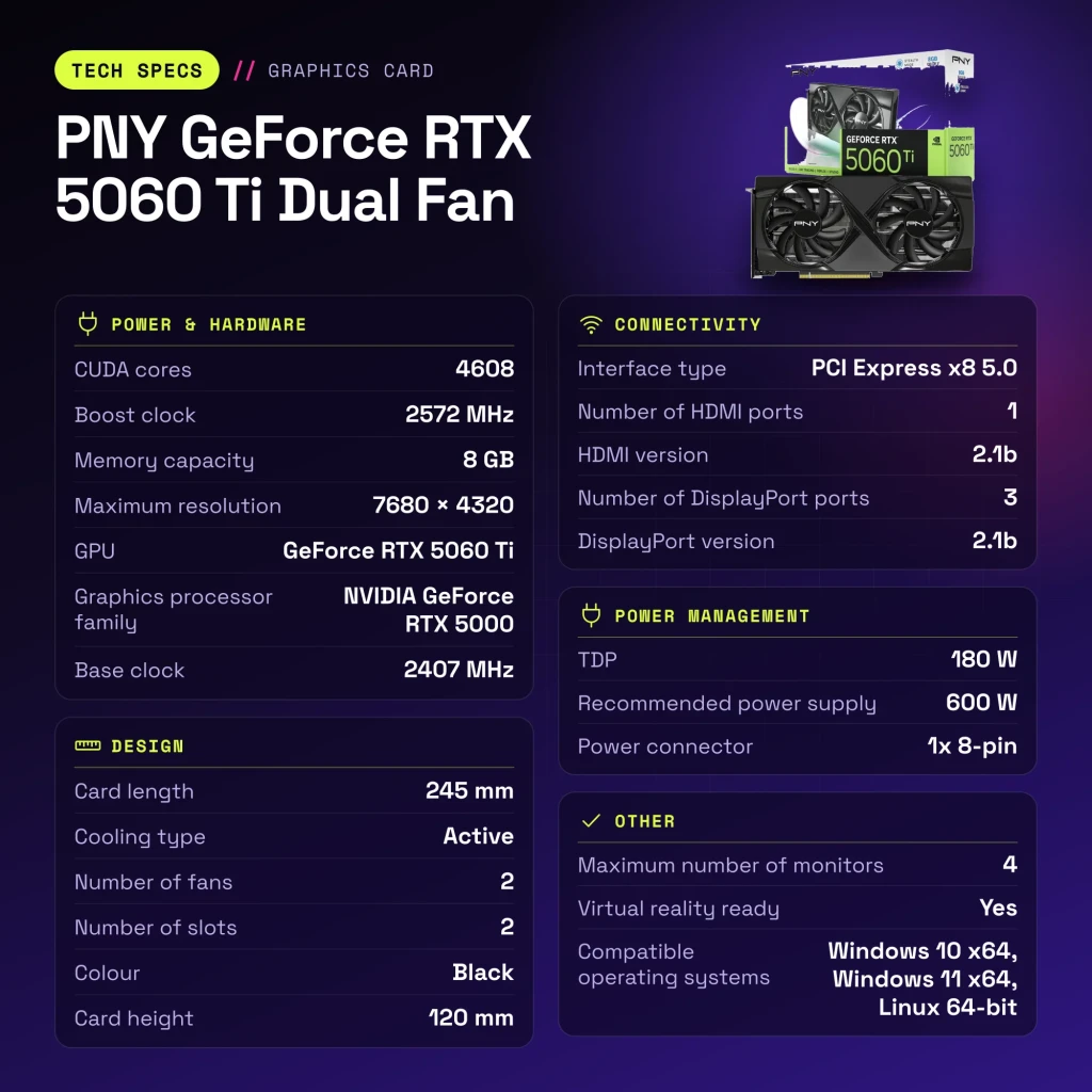 PNY GeForce RTX 5060 Ti Dual Fan 8GB GDDR7 Negro - características