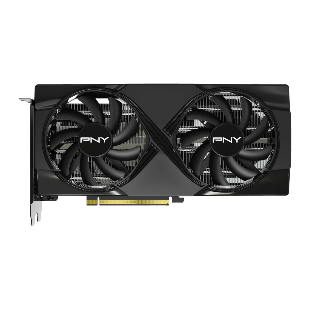 PNY GeForce RTX 5060 Ti Dual Fan 8GB GDDR7 Negro, detalle: vista frontal con dos ventiladores y logo PNY visibles