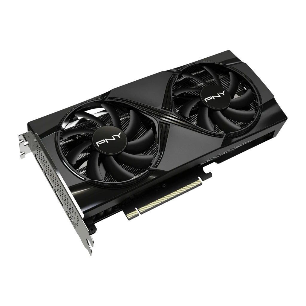 PNY GeForce RTX 5060 Ti Dual Fan 8GB GDDR7 Negro, vista frontal: dos ventiladores con logo PNY, disipador negro y bracket