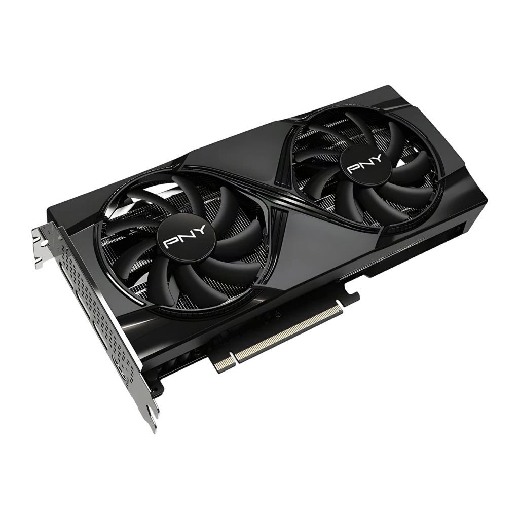 PNY GeForce RTX 5060 Ti Dual Fan 8GB GDDR7 Negro, detalle: vista en perspectiva superior con dos ventiladores PNY