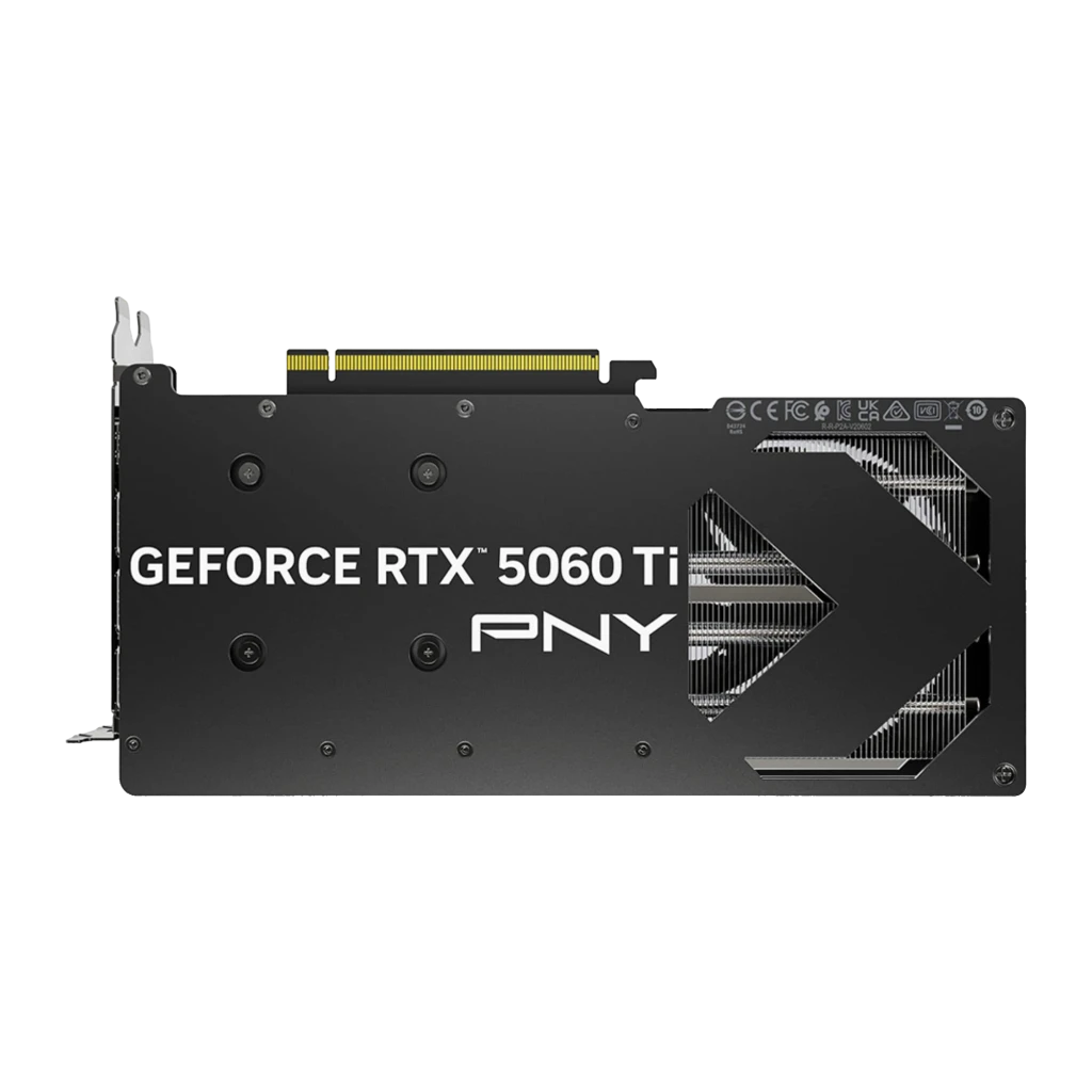 PNY GeForce RTX 5060 Ti Dual Fan 8GB GDDR7 Negro, vista trasera: backplate negro con logo GeForce RTX 5060 Ti, PNY
