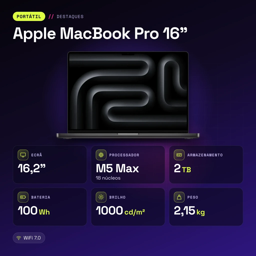 Portátil Apple MacBook Pro 16 polegadas M5 Max CPU 18 e GPU 40 núcleos 48GB/2TB SSD Preto Sideral - características