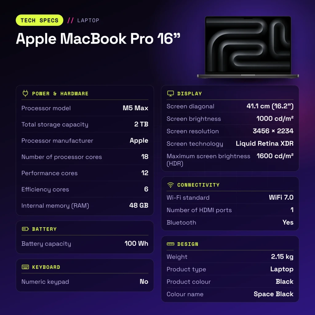 Portátil Apple MacBook Pro 16 polegadas M5 Max CPU 18 e GPU 40 núcleos 48GB/2TB SSD Preto Sideral - características